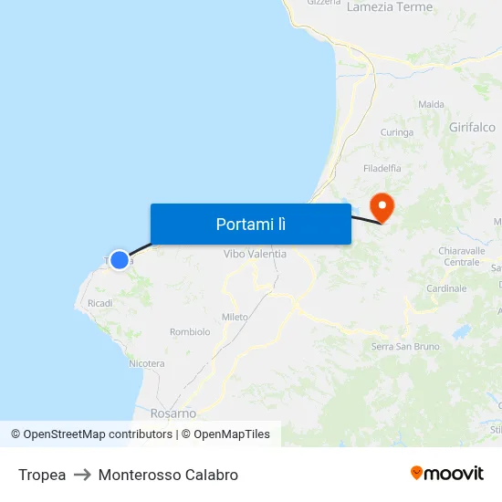 Tropea to Monterosso Calabro map