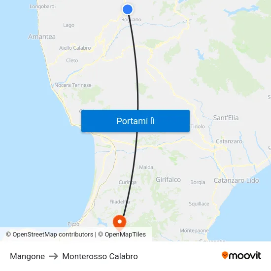Mangone to Monterosso Calabro map