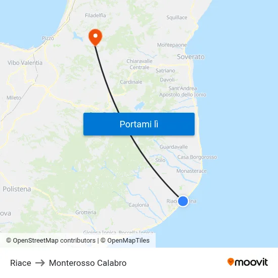 Riace to Monterosso Calabro map