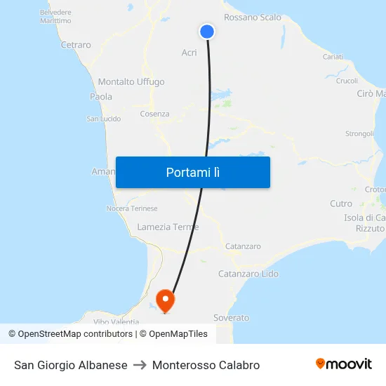 San Giorgio Albanese to Monterosso Calabro map