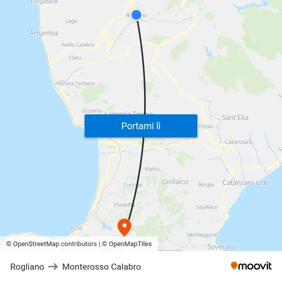 Rogliano to Monterosso Calabro map