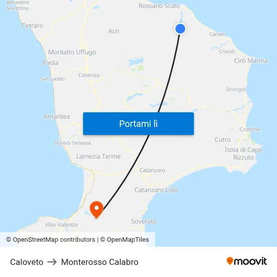 Caloveto to Monterosso Calabro map