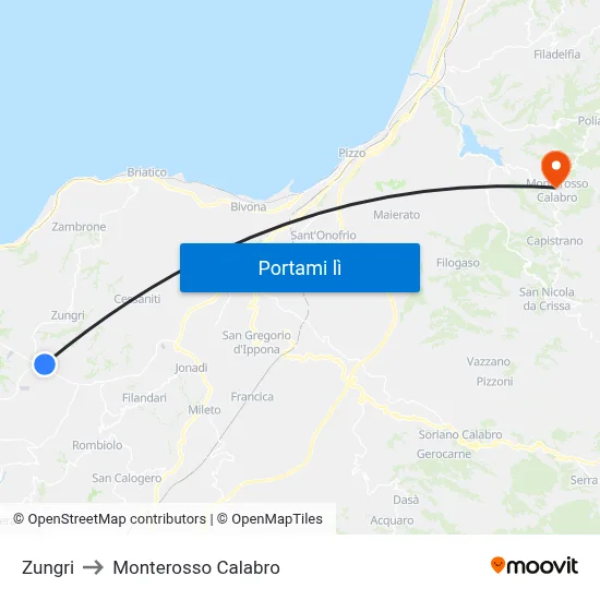 Zungri to Monterosso Calabro map