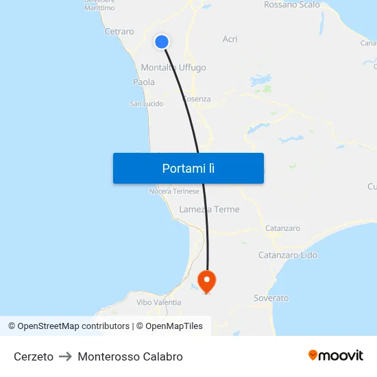 Cerzeto to Monterosso Calabro map