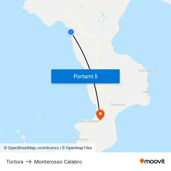 Tortora to Monterosso Calabro map