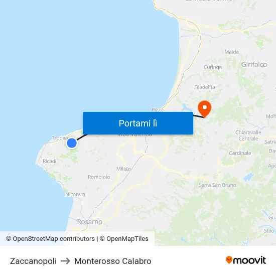 Zaccanopoli to Monterosso Calabro map
