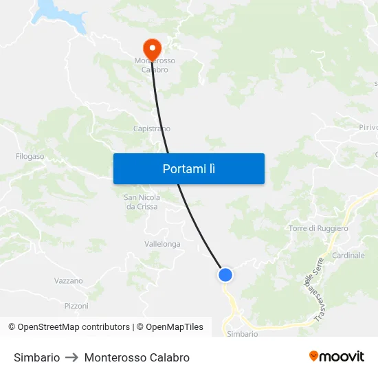 Simbario to Monterosso Calabro map