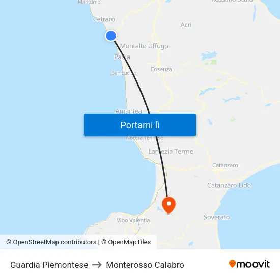 Guardia Piemontese to Monterosso Calabro map