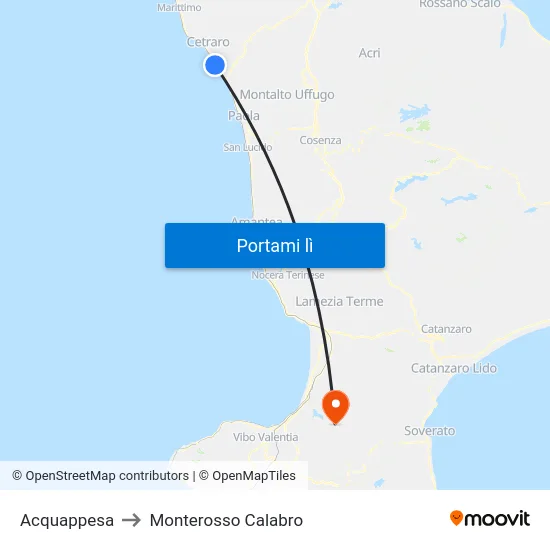 Acquappesa to Monterosso Calabro map