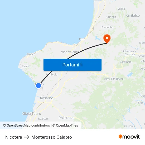 Nicotera to Monterosso Calabro map