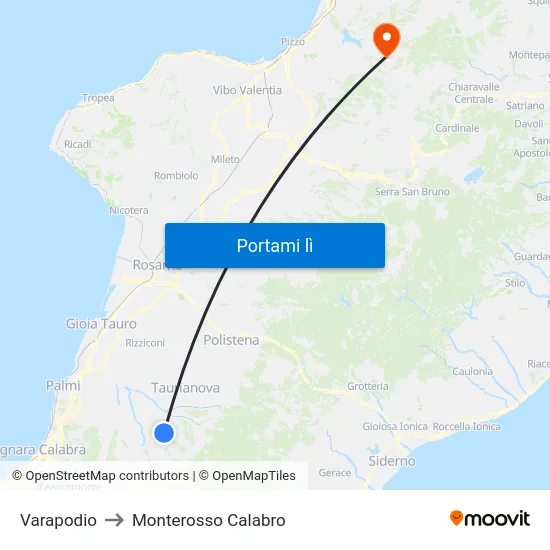 Varapodio to Monterosso Calabro map