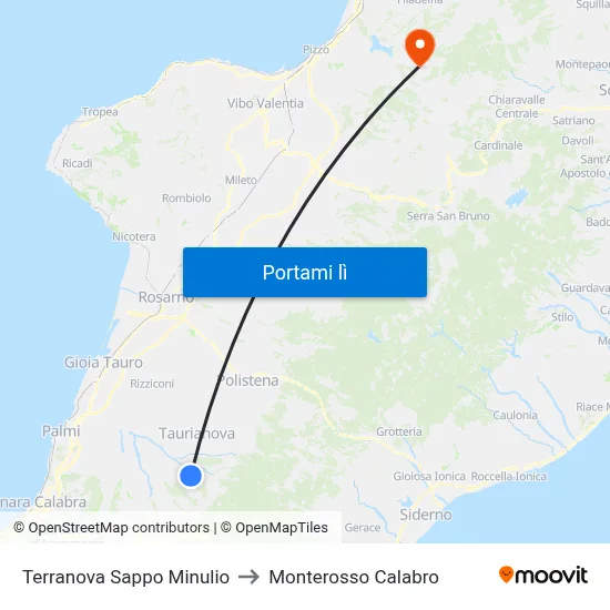 Terranova Sappo Minulio to Monterosso Calabro map