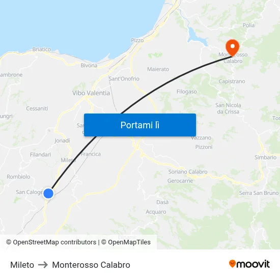 Mileto to Monterosso Calabro map