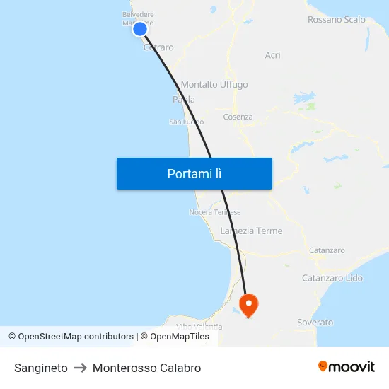 Sangineto to Monterosso Calabro map