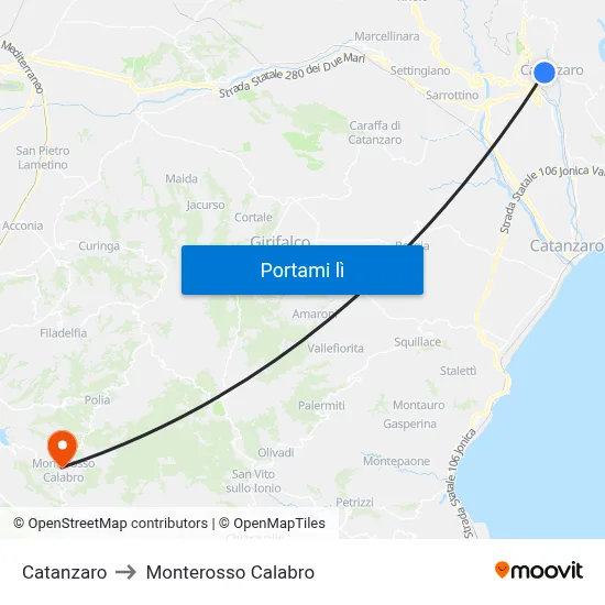 Catanzaro to Monterosso Calabro map