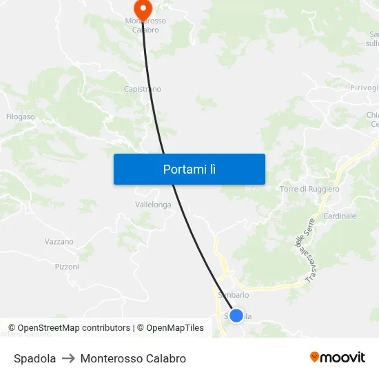 Spadola to Monterosso Calabro map