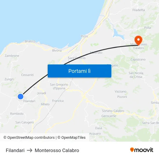Filandari to Monterosso Calabro map