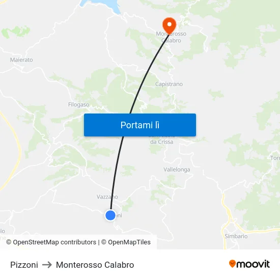 Pizzoni to Monterosso Calabro map