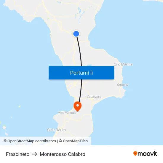 Frascineto to Monterosso Calabro map