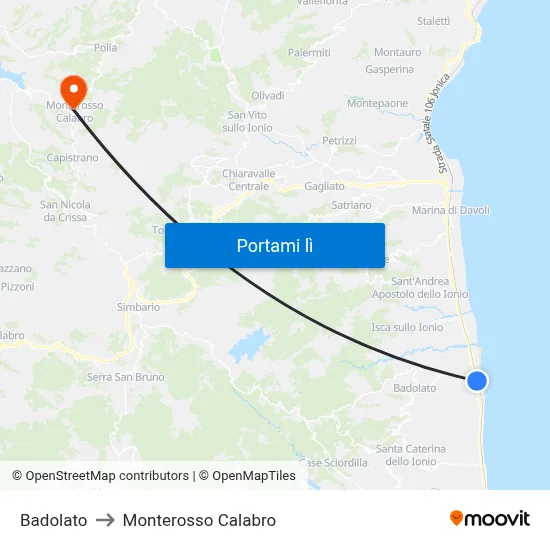 Badolato to Monterosso Calabro map