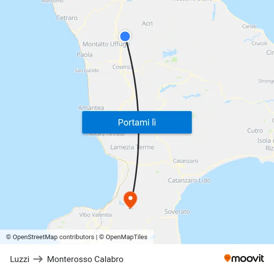 Luzzi to Monterosso Calabro map