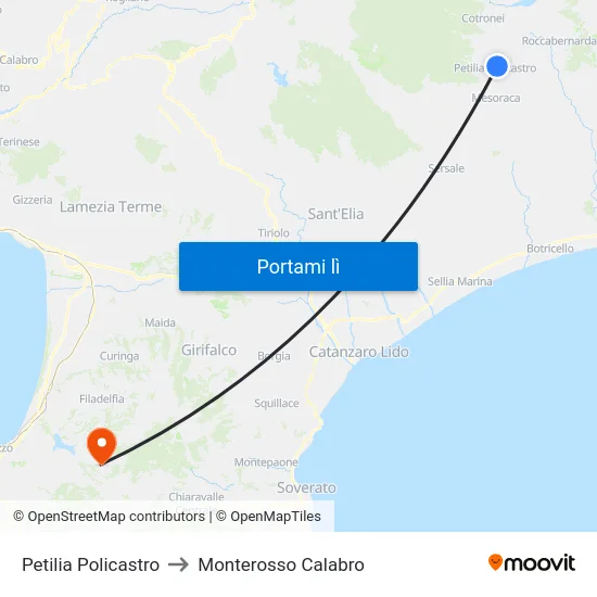 Petilia Policastro to Monterosso Calabro map