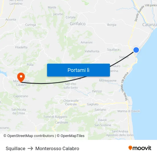 Squillace to Monterosso Calabro map