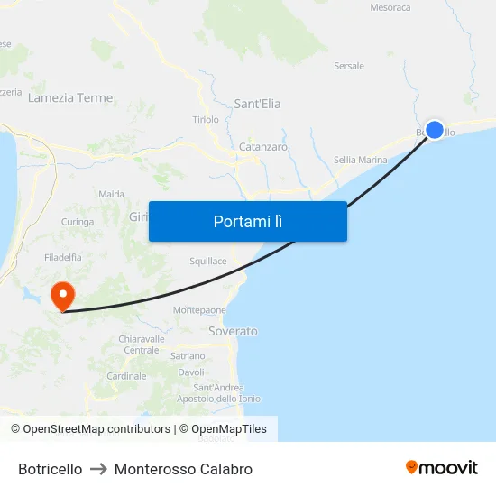 Botricello to Monterosso Calabro map