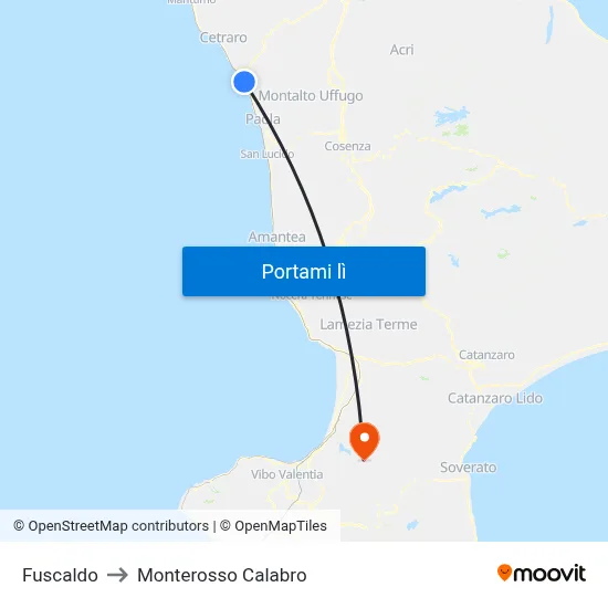 Fuscaldo to Monterosso Calabro map