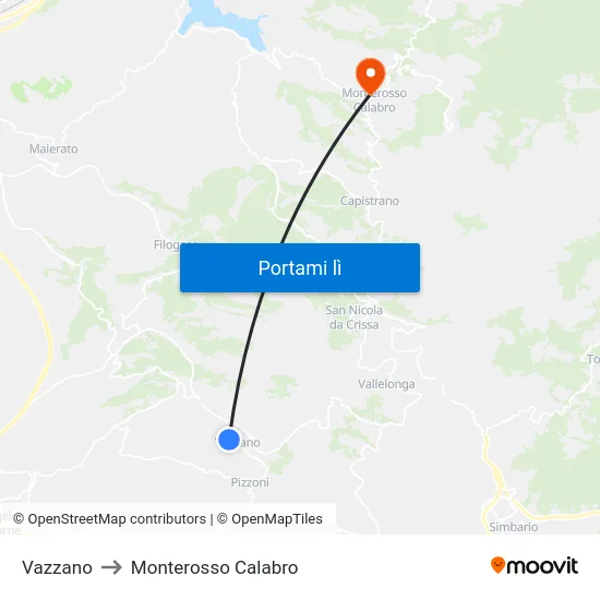 Vazzano to Monterosso Calabro map