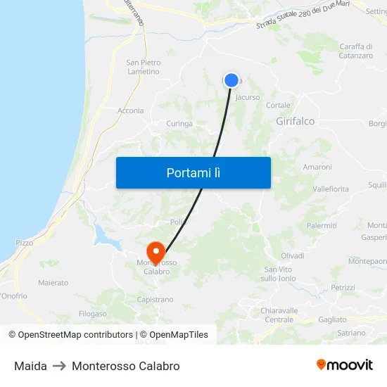 Maida to Monterosso Calabro map