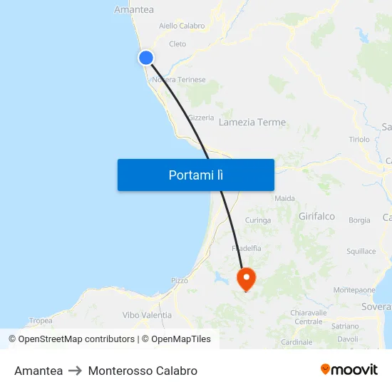 Amantea to Monterosso Calabro map