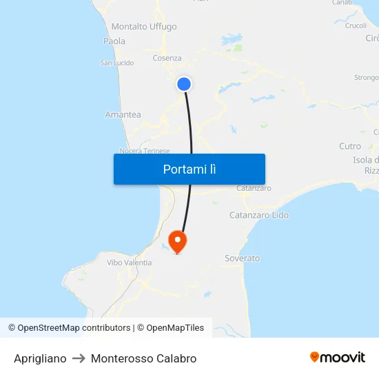 Aprigliano to Monterosso Calabro map
