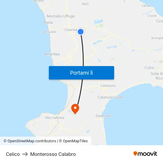 Celico to Monterosso Calabro map
