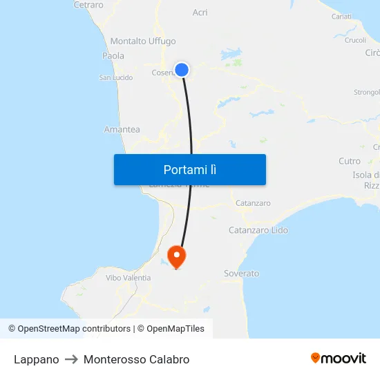 Lappano to Monterosso Calabro map