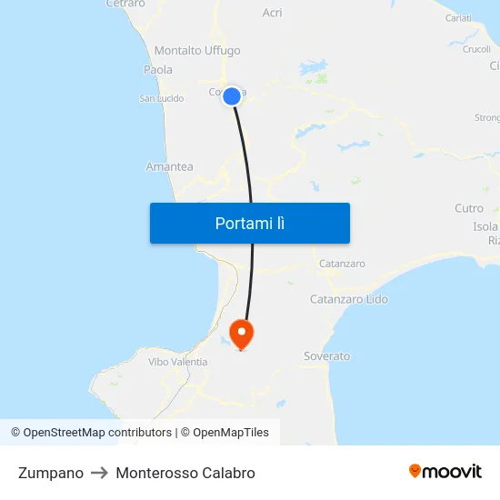 Zumpano to Monterosso Calabro map