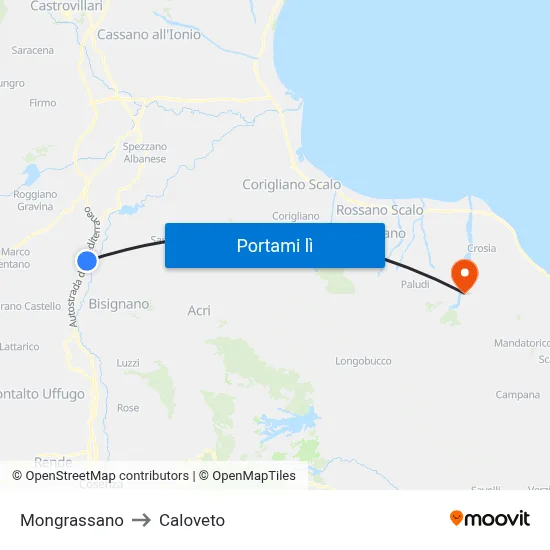 Mongrassano to Caloveto map