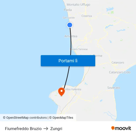 Fiumefreddo Bruzio to Zungri map