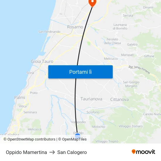 Oppido Mamertina to San Calogero map