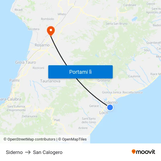 Siderno to San Calogero map