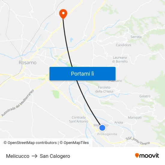 Melicucco to San Calogero map
