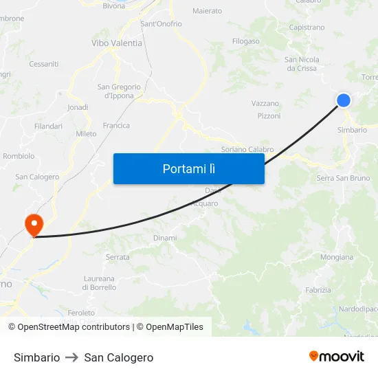Simbario to San Calogero map