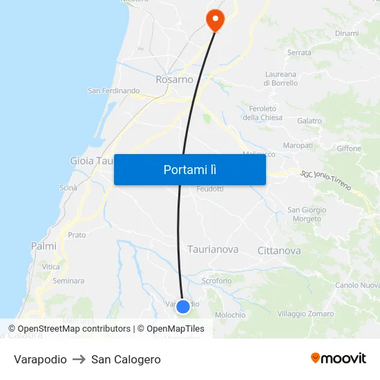 Varapodio to San Calogero map