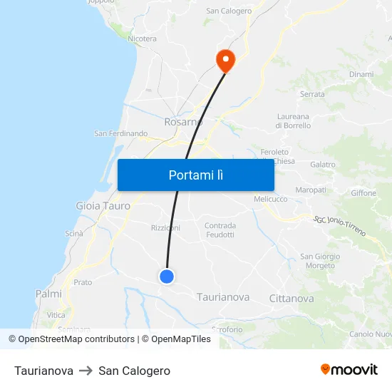 Taurianova to San Calogero map