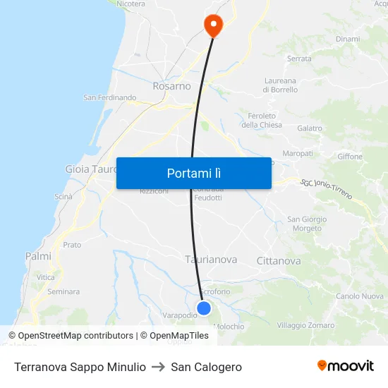 Terranova Sappo Minulio to San Calogero map