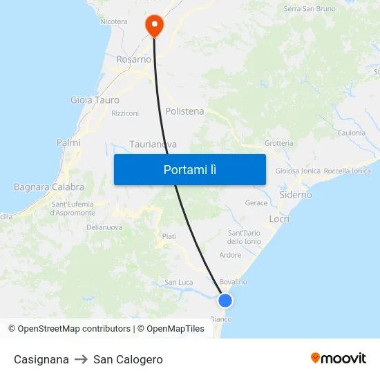 Casignana to San Calogero map