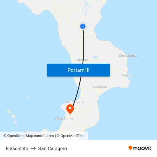 Frascineto to San Calogero map