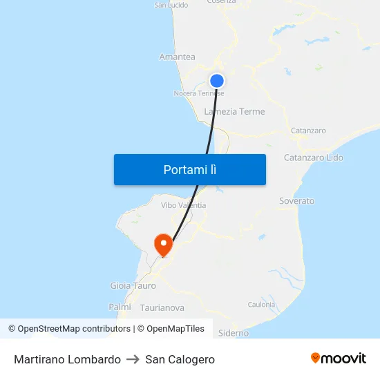 Martirano Lombardo to San Calogero map