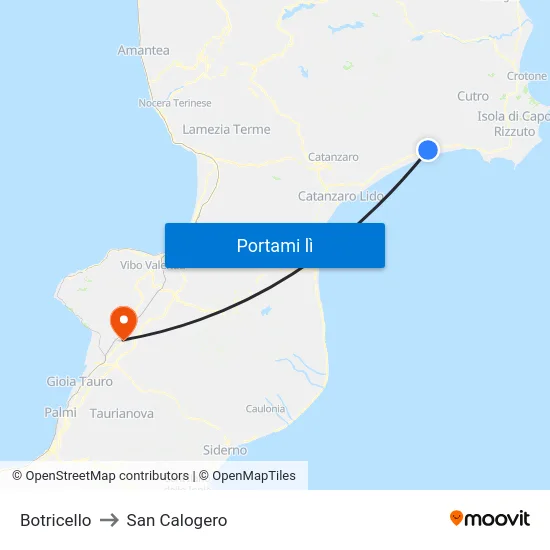 Botricello to San Calogero map