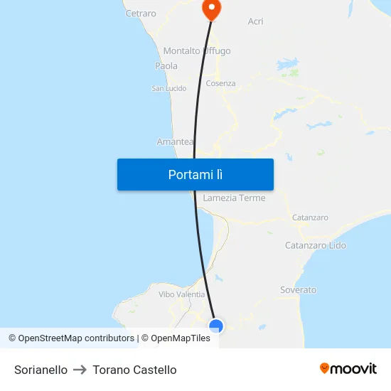 Sorianello to Torano Castello map